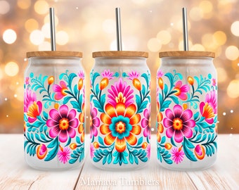 Mexican flowers 16oz glass can sublimation design Mexico traditional pattern Glass can wrap PNG wrap download