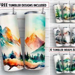 Mountain landscape BUNDLE of 4 20 oz skinny tumbler sublimation design Pine tree Watercolor digital PNG Straight wrap Waterslide download