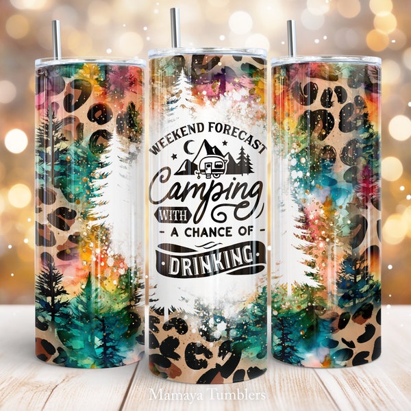 Camping 20oz flaco vaso diseño de sublimación Cita divertida Leopardo Pinos Camper Envoltura recta PNG Tobogán de agua Descarga digital