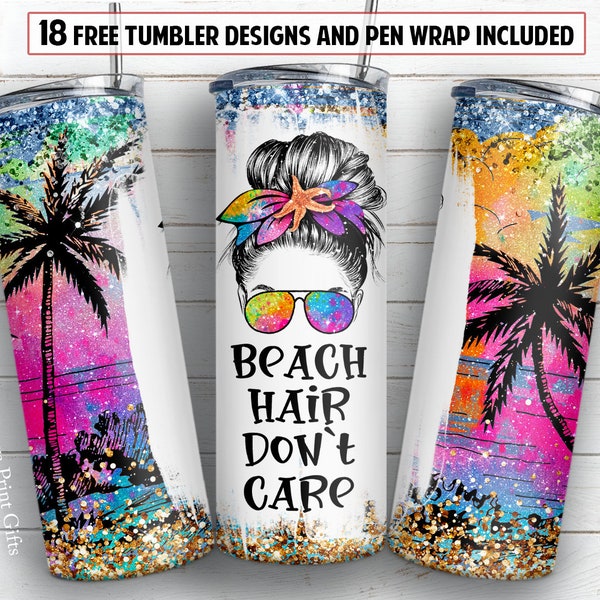 Summer 20 oz skinny tumbler sublimation design Beach hair don't care PNG design + 30 oz tumbler template and Epoxy pen wrap design