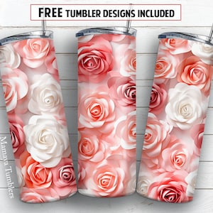 3D roses 20 oz skinny tumbler sublimation design Pink flowers Floral Seamless digital PNG Straight wrap Waterslide download