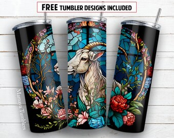 Stained glass goat 20 oz skinny tumbler sublimation design Flower Farm animal Floral digital PNG Straight wrap Waterslide download