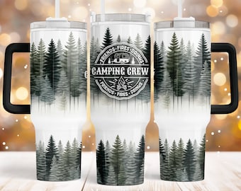 Camping crew 40oz Quencher tumbler sublimation design Pine tree forest Friends adventure wrap template Digital download