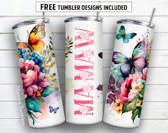Mamaw 20 oz skinny tumbler sublimation design Flowers butterfly Seamless Watercolor floral digital PNG Straight wrap Waterslide download