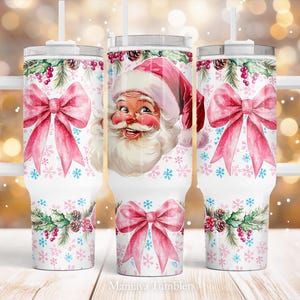 Santa 40oz Quencher tumbler Sublimation design Pink Christmas Coquette bow Holydays PNG wrap Waterslide Digital download
