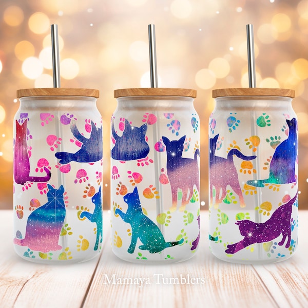 Cats 16oz glass can sublimation design Pet lovers Rainbow cat paws Glass can wrap PNG wrap download