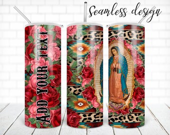 NAADLOZE Virgin Mary luipaard azteekse tumbler PNG ontwerp Onze-Lieve-Vrouw van Guadalupe met bloem 20 oz magere tumbler STRAIGHT digitale wrap