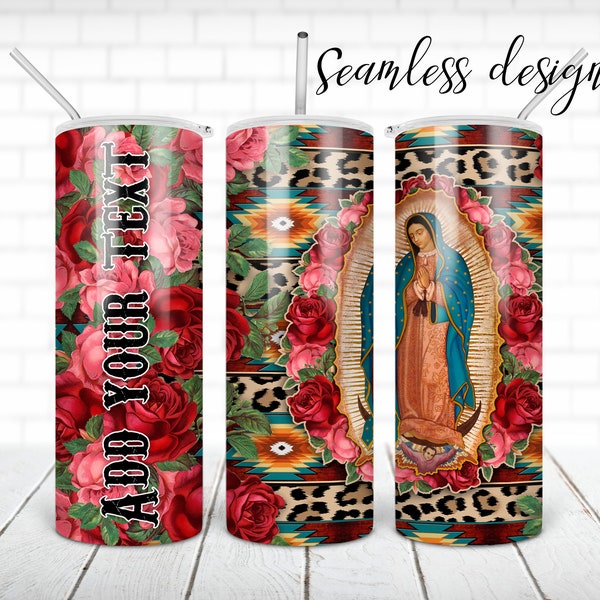 SEAMLESS Virgin Mary leopard aztec tumbler PNG design Our Lady of Guadalupe with flower 20 oz skinny tumbler STRAIGHT digital wrap