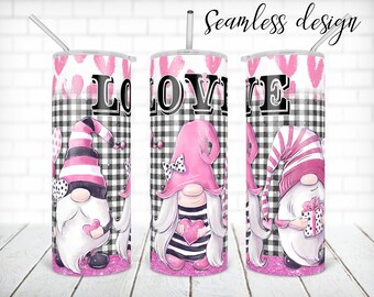 Valentine gnomies with flower tumbler PNG design Love heart and glitter buffalo plaid 20 oz skinny tumbler STRAIGHT digital wrap