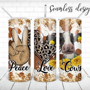 Seamless peace love cow tumbler PNG diseño Cow print glitter and leopard 20 oz skinny tumbler ENVOLTURA DIGITAL RECTA