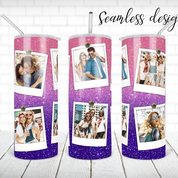SEAMLESS picture frame glitter tumbler PNG design Half pink and purple 20 oz skinny tumbler STRAIGHT digital wrap