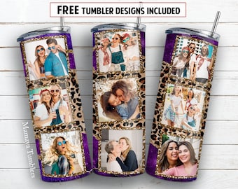 Photo frame 20 oz skinny tumbler sublimation design Leopard glitter marble purple 9 picture digital PNG Straight wrap Waterslide download
