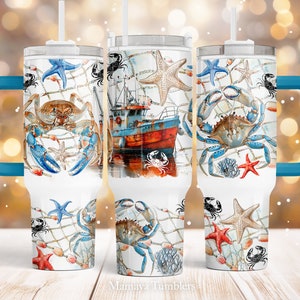 Krabbe 40 Unzen Quencher Becher Sublimationsdruck Sommer Sterne Fisch Fischerboot PNG wrap Wasserschiebefolie Digitaler Download