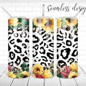 SEAMLESS leopard sunflower tumbler PNG design Animal print with glitter 20 oz skinny tumbler STRAIGHT digital wrap