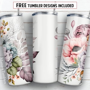 May include: Three stainless steel tumblers with floral designs. The tumbler on the left has a watercolor floral design with pink, blue, and green flowers. The tumbler on the right has a similar design with pink and purple flowers. The middle tumbler is blank.
