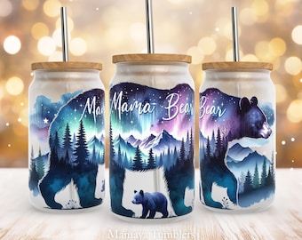 Mama bear 16oz glass can sublimation design Northen Lights Mother's Day Glass can wrap PNG template T-shirt design Digital download