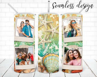 SEAMLESS seashell picture frame tumbler PNG design Summer beach glitter 20 oz skinny tumbler STRAIGHT digital wrap