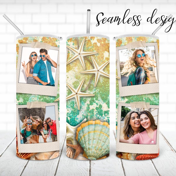 SEAMLESS seashell picture frame tumbler PNG design Summer beach glitter 20 oz skinny tumbler STRAIGHT digital wrap