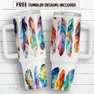 Feathers 40 oz Quencher tumbler sublimation design Watercolor Rainbow boho digital PNG wrap Waterslide download