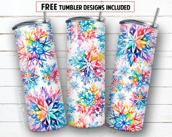 May include: Three stainless steel tumblers with a white background and a colorful watercolor snowflake pattern. The tumblers are all the same size and have a straw in them. The text "FREE TUMBLER DESIGNS INCLUDED" is at the top of the image.