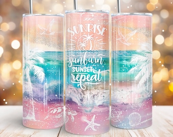 Sunrise sunburn sunset repeat 20oz skinny tumbler sublimation design Summer quote Ocean Beach Straight wrap PNG Waterslide Digital download