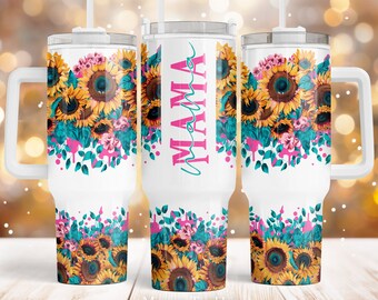 Mama 40oz Quencher tumbler sublimation design Sunflowers Floral Mother's Day Pink teal Flowers PNG wrap Waterslide Digital download