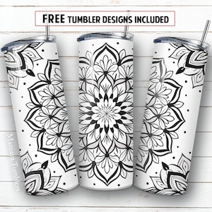 Mandala 20oz skinny tumbler sublimation design Black and white floral design Digital PNG Straight wrap Waterslide download