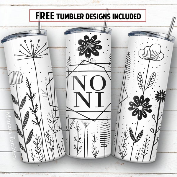 Noni 20oz skinny tumbler sublimation design Black and white flowers Seamless floral digital PNG Straight wrap Waterslide download