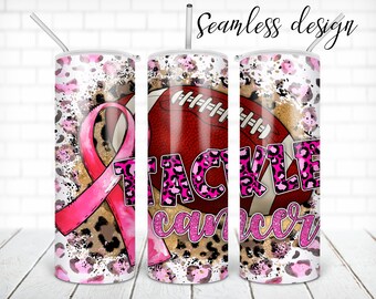 SEAMLESS tackle cancer tumbler PNG design Pink ribbon leopard 20 oz skinny tumbler STRAIGHT digital wrap