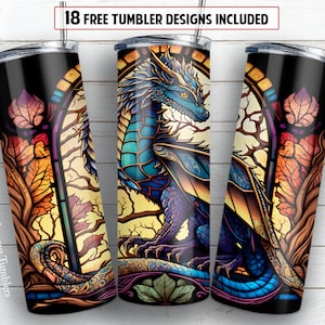 Stained glass dragon 20 oz skinny tumbler sublimation design Fairy animal digital PNG Straight wrap Waterslide download