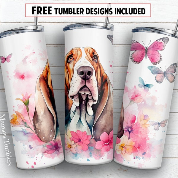 Basset hound dog 20oz skinny tumbler sublimation design Watercolor pet Butterfly flower digital PNG Straight wrap Waterslide download