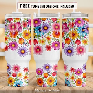 Flower 40 oz Quencher tumbler sublimation design Floral digital PNG wrap Waterslide download