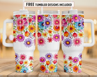 Flower 40 oz Quencher tumbler sublimation design Floral digital PNG wrap Waterslide download
