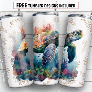 Turtle coral reef 20 oz skinny tumbler sublimation design Boho Floral sea animal Watercolor digital PNG Straight wrap Waterslide download