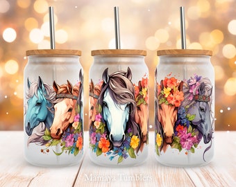 Paarden 16oz glas kan sublimatieontwerp Dierenbloemen Glas kan PNG wrap downloaden inpakken
