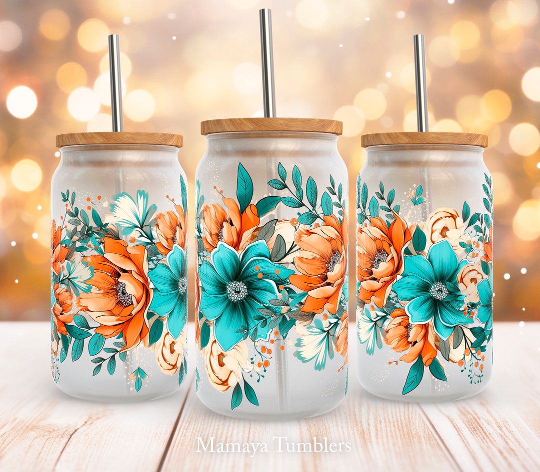 Boho Flowers 16oz Glass Can Sublimation Design Aqua Floral Mom Grandma ...
