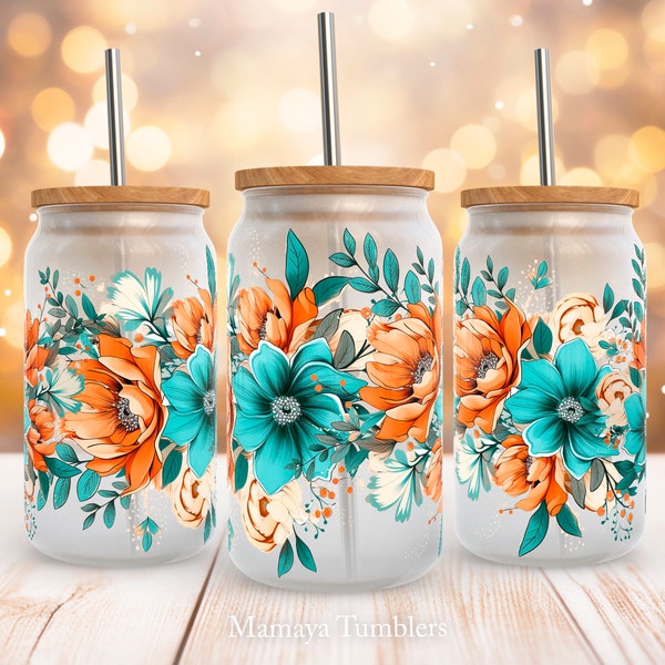 Boho flowers 16oz glass can sublimation design Aqua floral Mom Grandma Glass can wrap PNG Digital download