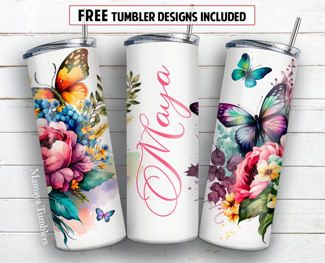 Name 20 oz skinny tumbler sublimation design flowers butterfly add text  blank seamless floral digital png straight wrap waterslide download - etsy
