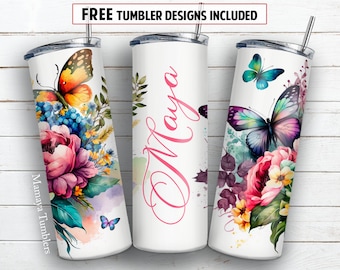 Name 20 oz skinny tumbler sublimation design Flowers Butterfly Add text blank Seamless floral digital PNG Straight wrap Waterslide download