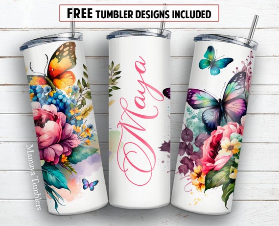 Name 20 Oz Skinny Tumbler Sublimation Design Flowers Butterfly Add Text  Blank Seamless Floral Digital PNG Straight Wrap Waterslide Download 