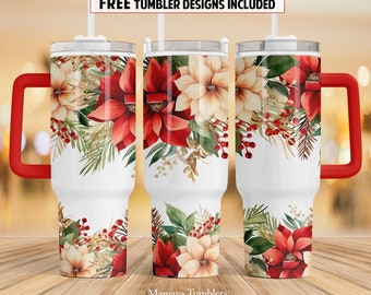 Christmas flowers 40 oz Quencher tumbler sublimation design Poinsettia Floral digital PNG wrap Waterslide download