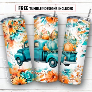Pumpkin truck 20oz skinny tumbler sublimation design Teal orange flowers Fall Autumn Thanksgiving digital PNG Straight wrap download