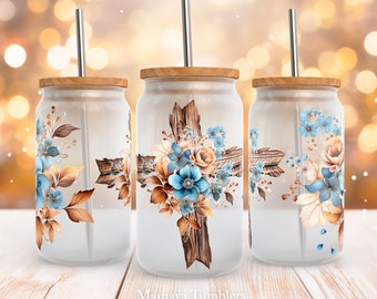 Cross flowers 16oz glass can sublimation design Christian Religoius floral Glass can wrap PNG Digital download