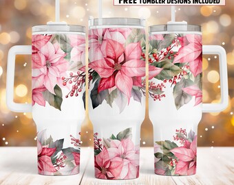 Pink poinsettia 40oz Quencher tumbler sublimation design Christmas flower Floral digital PNG wrap Waterslide download
