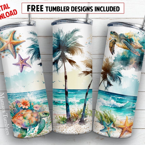 Summer 20 oz skinny tumbler sublimation design Sea beach Turtle Starfish digital PNG Straight wrap Waterslide download