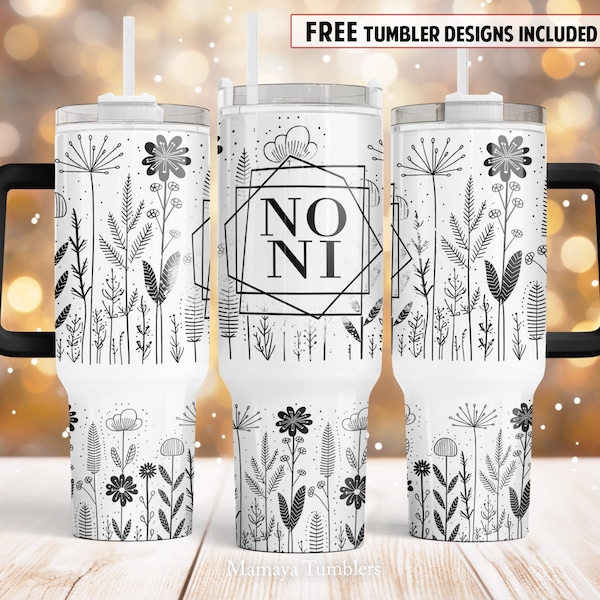 Noni 40oz Quencher tumbler sublimation design Black and white flowers digital PNG wrap Waterslide download