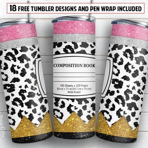 Composition book 20 oz skinny tumbler sublimation design Leopard glitter teacher PNG design + 30 oz tumbler and Epoxy pen wrap design