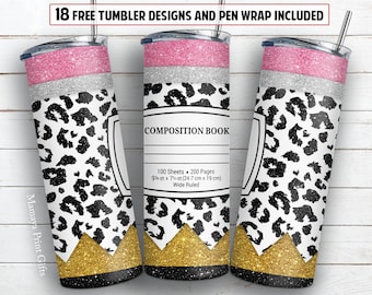 Composition book 20 oz skinny tumbler sublimation design Leopard glitter teacher PNG design + 30 oz tumbler and Epoxy pen wrap design