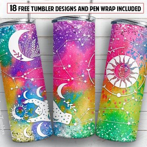 May include: Three colorful stainless steel tumblers with a galaxy design featuring constellations, moons, and suns. The tumblers have a glitter finish.