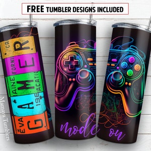 Gamer mode on 20 oz skinny tumbler sublimation design Neon Game controller Gaming digital PNG Straight wrap Waterslide download